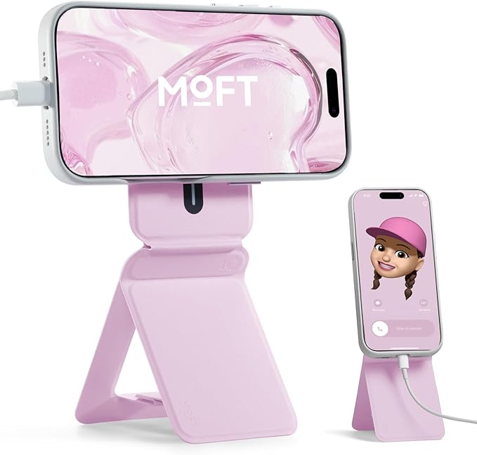 MOFT Phone Stand, Magnetic Phone Tripod Stand Stain-Resistant MOVAS Leather & Angle Adjustment & Strong Magnets Tripod for iPhone 17/16/15/14/13/12 (Included Metal Ring)-Blush