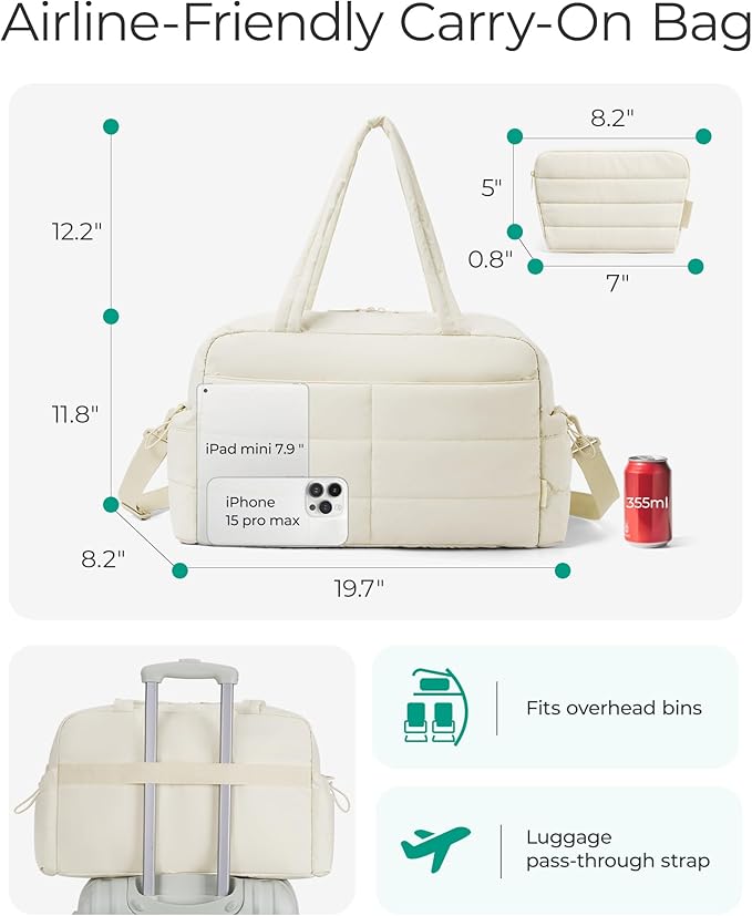 BAGSMART Gym Bag for Women, Lightweight Puffer Duffle Bag 2-PC Travel Bag, 31L Weekender Overnight Bag Quilted Carry On Tote Bag, Diaper Hospital Dance bag for Travel, Gym, Water Resistant, Beige