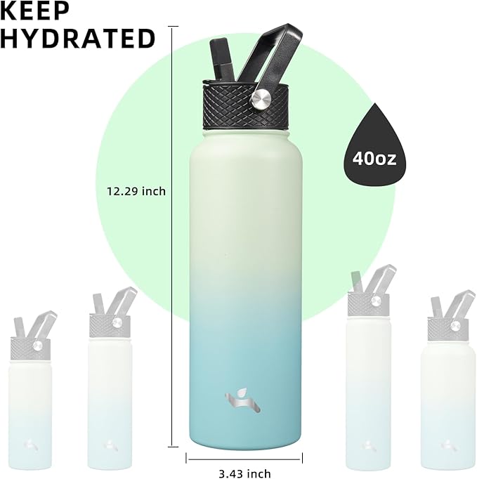 40oz Insulated Water Bottle Stainless Steel Sport Bottles with 3 Lids,Mint