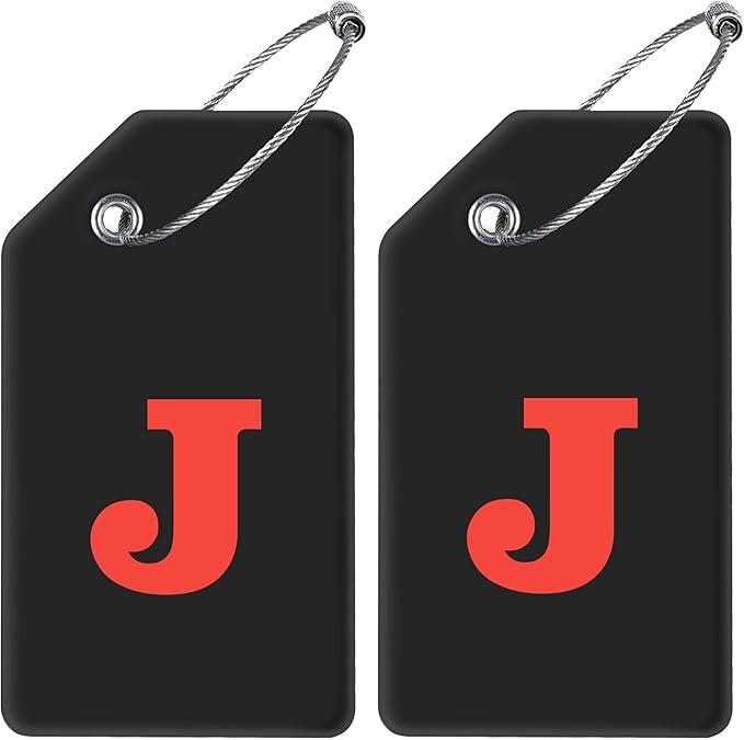 Gostwo 2 Pack Silicone Luggage Tags for Suitcases, 26 Initial Letter Baggage Labels Handbag School Bag Suitcase Instrument Tag with Stainless Steel Loop(Black & White) (Letter J)