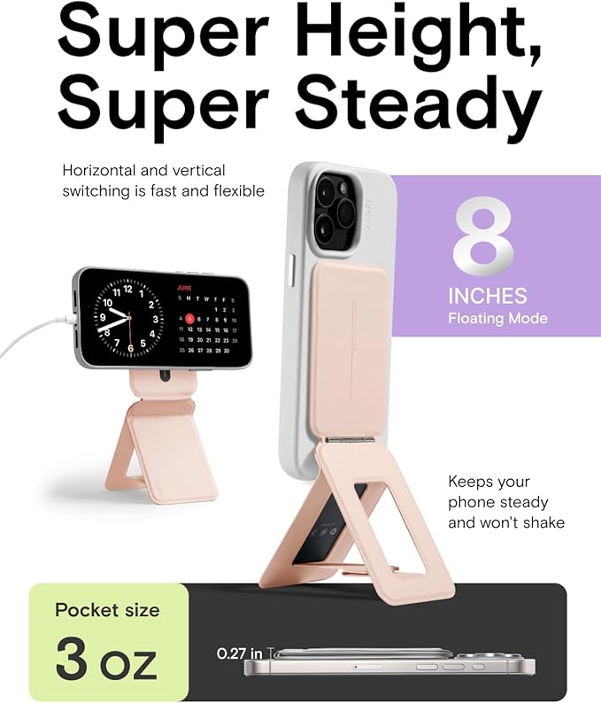 MOFT Phone Tripod Stand Selfie Stick for iPhone, Multi-Angles iPhone Stand, Lightweight & Portable Phone Holder, Strong Magnets, MOVAS Vegan Leather, Travel Essentials, Peach Pink (Without Card Slot)