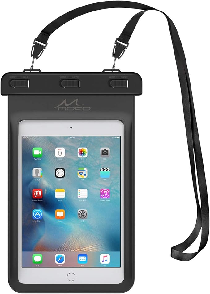 MoKo Universal Waterproof Case, Dry Bag Pouch for iPad mini 6/5/4/3/2, Samsung Tab 5/4/3, Galaxy Note 8, Tab S2/Tab E/Tab A 8.0, LG G Pad III 8.0, Google Nexus 7(FHD) & More Up to 8.3" - Black