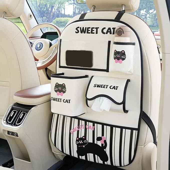 YUNZLAN Leather Backseat Car Organizer, Kick Mats Back Seat Protector with Touch Screen Tablet Holder Back Seat Organizer for Kids with 4 Storage Pockets Travel Accessories (BeigeBlackCat)