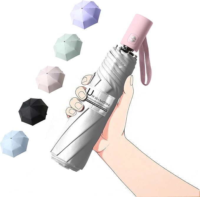 BAODINI Small UV Protection Travel Umbrella Compact for Rain and Sun UPF 50+ Windproof Portable 42 inch Umbrella for Women and Men