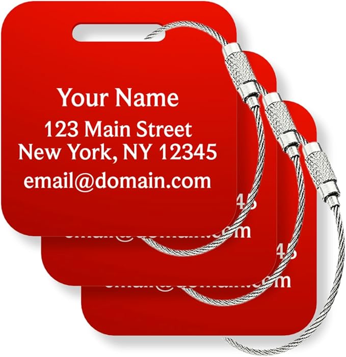 Custom Metal Luggage Tags (3 or 6 Pack) - Personalized Unique Suitcase & Backpack Travel, Durable, Waterproof & Heavy Duty (Red)