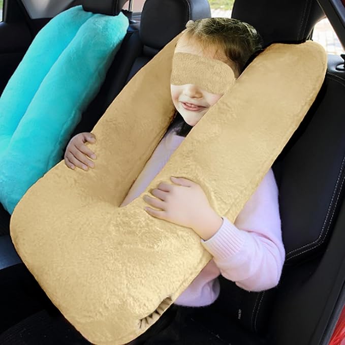 Sexysamba Travel Pillow with Sleep Mask Set Car Pillow Kids Travel Pillow for Sleeping U Shaped Car Seat Pillow Head Neck Body Support for Kids and Adults Road Trip Accessories,Apricot