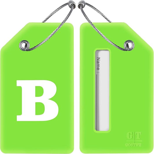 Gostwo 2 Pack Silicone Luggage Tags for Suitcases, 26 Initial Letter Baggage Labels Handbag School Bag Suitcase Instrument Tag with Stainless Steel Loop(Green)(Letter B)