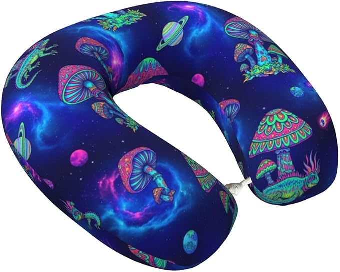 Neck Pillow Memory Foam Chin Cushion with Breathable Cover Trippy Mushrooms, Cute Airplane Car Pillows for Office Head Pain Relief