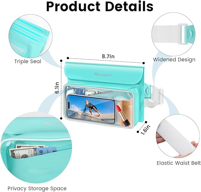 Niveaya IP68 Waterproof Fanny Pack - 2 Pack, Floating Dry Bag Pouch, Phone Waterproof Waist Pouch Dry Bag, Beach, Kayaking, Swimming, Boat Essentials, for iPhone 17/16/15/14/13/12 Pro Max up to 9.5"