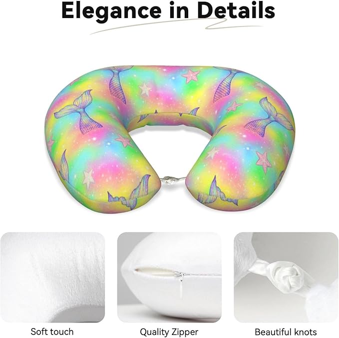 Neck Pillows for Travel Magic Tail Glitter Pink Mermaid, Women and Men Airplane Car Pillow, Neck Support U Shaped Pillow for Rest Pain Relief Sleeping