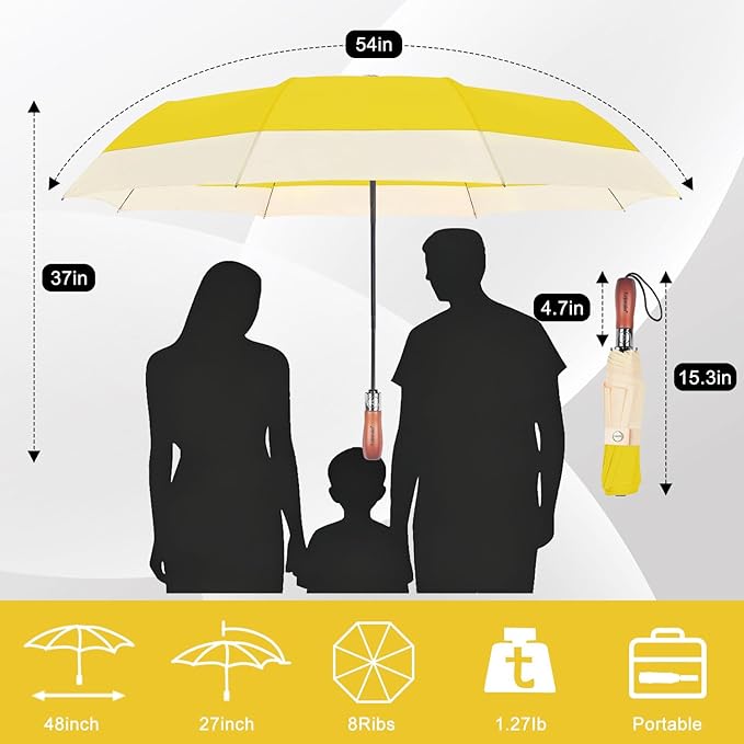 Lejorain Compact Golf Umbrella Large - 54inch Travel Big Portable Automatic Folding Umbrella Windproof for Men Heavy Duty 210T Dupont Teflon Coated Umbrella for Rain