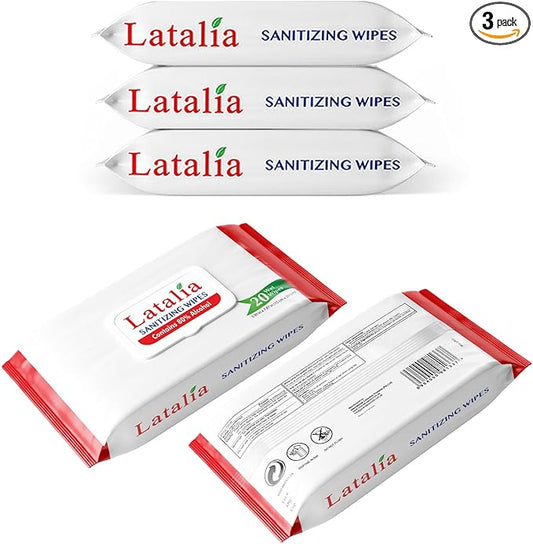 Latalia Hand Wipes Pack of 3 | 80% Alcohol Hand Sanitizer Wipes for Hands & Face Moisturizing, Gentle, Convenient and Fragrance Free (20 Counts)