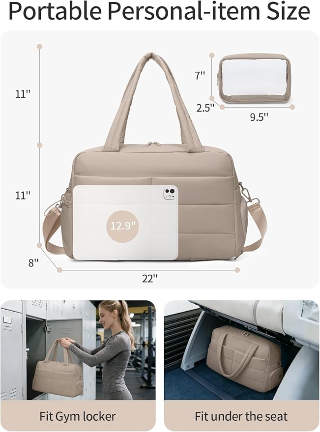 Gitus Carry On Duffle Gym Bag for Women Puffer Weekender Overnight Duffel Bag for Travel with Clear Toiletry Pouch Sport Yoga Fitness Essentials Gifts (Camel)