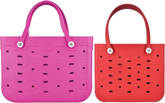 2-Piece Tote Bag Set, Waterproof Rubber Beach Bag with Summer Pattern, Medium & Large Handbag for Pool, Beach, Boat