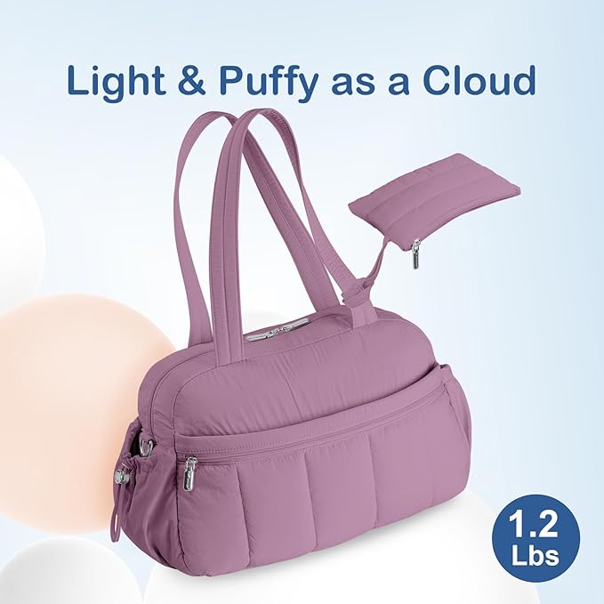 TOPDesign Travel Duffel Bag for Women, Puffer Gym Bag Sports Tote with Wet Pocket, Carry On Weekender with Luggage Sleeve (Purple)