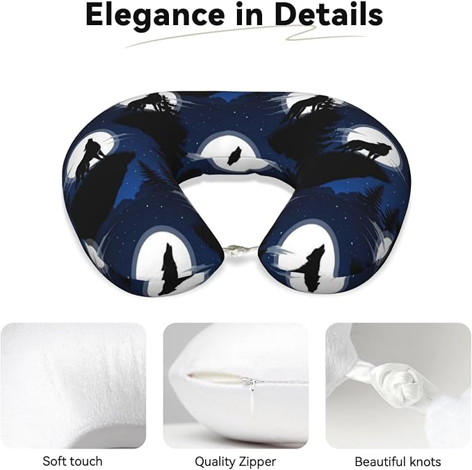 Neck Support Pillow, Comfortable Memory Foam Car/Flight/Airplane Chin Pillows U Shaped Cushion for Office Travel Sleeping Wolf Howling On The Full Moon