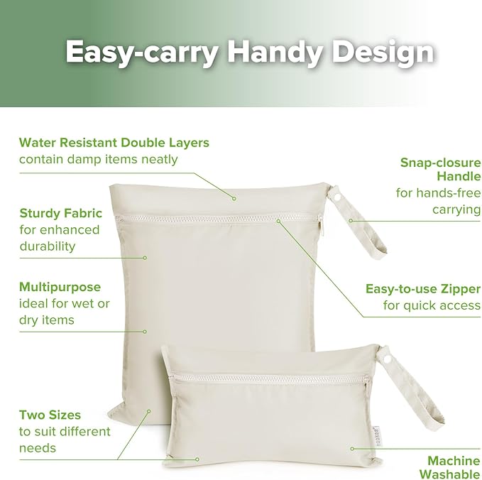 haakaa Waterproof Wet Bags for Baby Wet Dry Bags for Cloth Diaper, Swimsuit & Travel, 2pcs, Beige