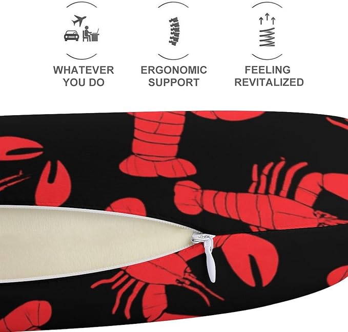Soft Polyester Compact Neck Pillow, Red Lobster Black Art U-Shaped, Cervical Support for Home Car Travel Sleep, Machine Washable Comfort Design