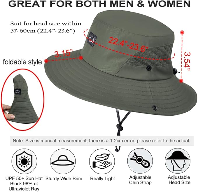 Fishing Hat, UPF50+ Wide Brim Sun Hat for Men Women, UV Protection Hiking Beach Bucket Hats Summer Safari Hat