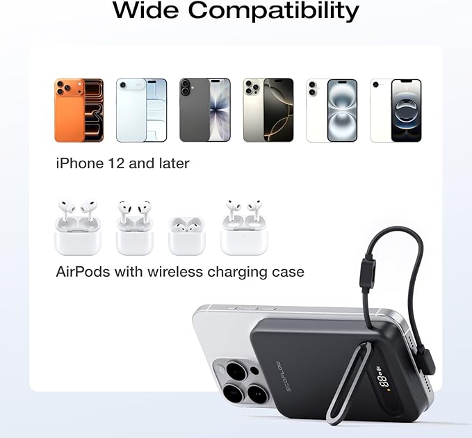 EF ECOFLOW Rapid Mag Power Bank 10,000mAh, Qi2.2 25W Wireless Charging, 0.6'' Slim Magnetic Portable Charger, Built-in USB-C Cable, Qi2 Certified Magsafe-Compatible Battery for iPhone 17/16/15, Black