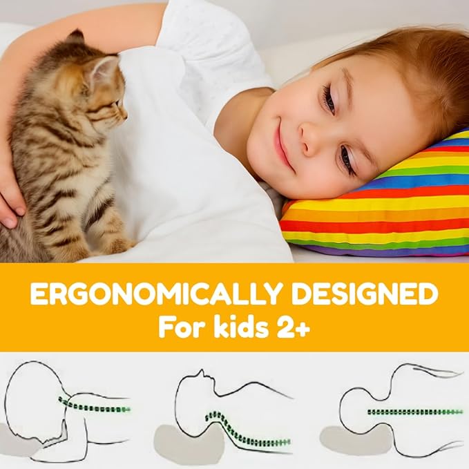 Kinder Fluff Mini Toddler Pillow (2Pk) 10x15in – First Pillow for Kids Age 2+, Bright Rainbow Design, 100% Cotton Sateen Stripe 300T, Down Alternative Fill, Machine Washable, Colourful Kids Cushion XS