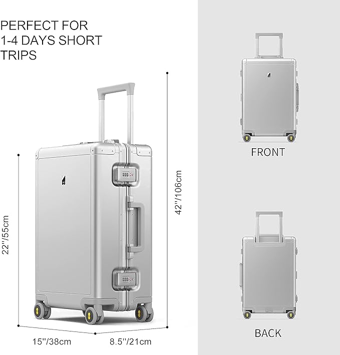 LEVEL8 Gibraltar Carry on Luggage, 20 Inch Aluminum Zipperless Luggages Airline Approved, Hardside Suitcase with TSA Lock and Spinner Wheels, Silver