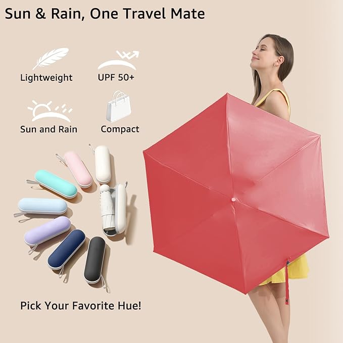 BAODINI Travel Essentials Mini Umbrella for Purse With Case Small Compact UV Sun Protection Lightweight Tiny Pocket Manual Open Close Umbrella for Women Kids and Men Fit Purse Backpack