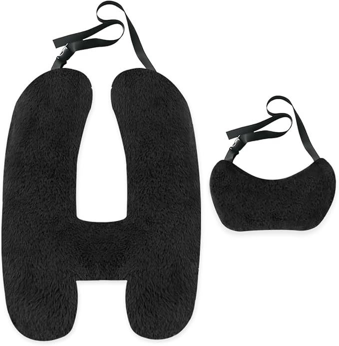 Soft Plush Car Pillow Travel Pillow for Kids with Neck Support Headrest, H-Shape Car Pillows for Kids Sleeping on Long Road Trips, Adults Child Car Seat Pillow, Body Support Travel Accessories, Black
