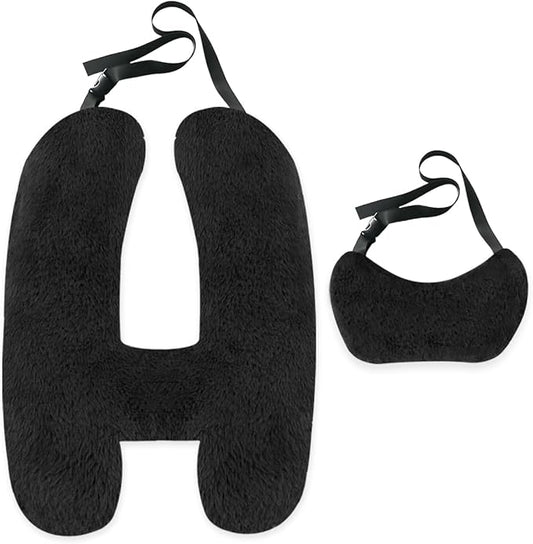 Soft Plush Car Pillow Travel Pillow for Kids with Neck Support Headrest, H-Shape Car Pillows for Kids Sleeping on Long Road Trips, Adults Child Car Seat Pillow, Body Support Travel Accessories, Black