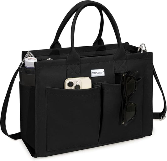 TOPDesign Heavy-Duty Canvas Tote Bag for Women, Adjustable Crossbody/Shoulder Handbag with 9 Pockets, Everything Tote