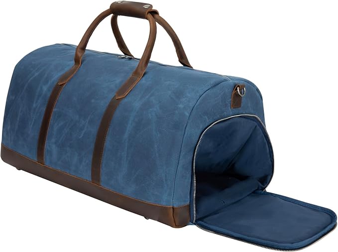 Waxed Canvas Weekender Duffle Bag, Vintage Style Travel Bag with Leather Trim, Army Green (Blue)
