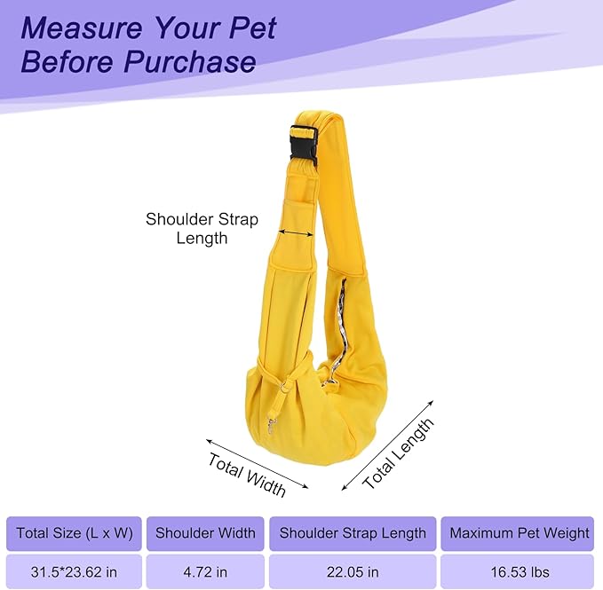 PETAXCELL Dog and Cat Sling Carrier Up to 16.5 Lbs, Hand-Free Reversible Pet Sling Carrier with Adjustable Strap and Pocket, (Yellow, 1 Pcs) Intended for Hiking/Camping/Traveling