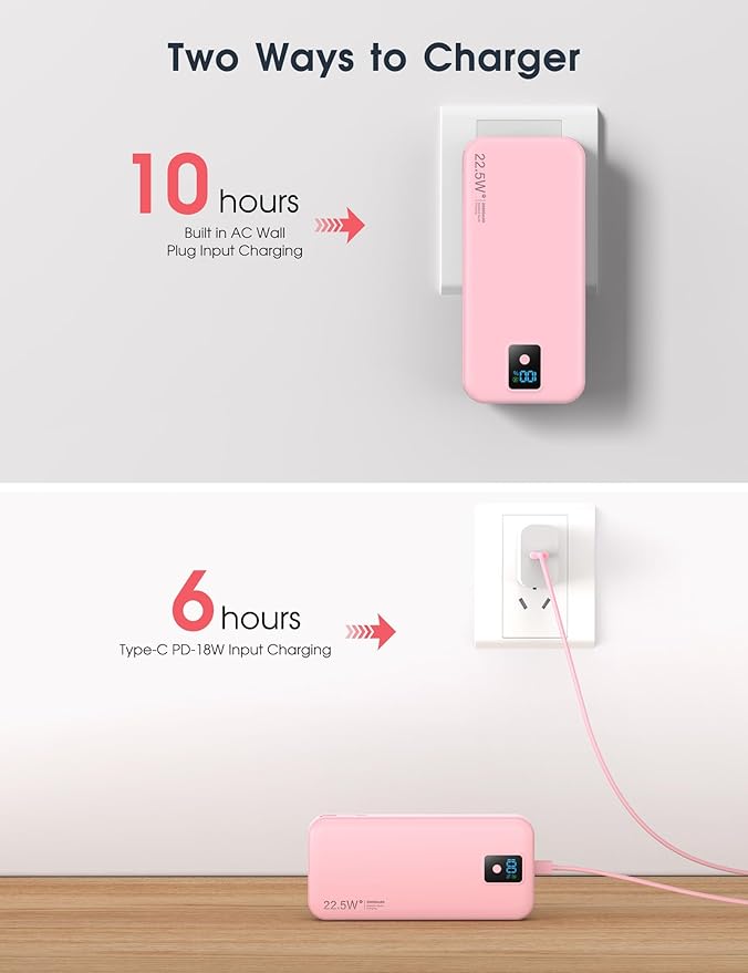 Portable Charger, 20000mAh 22.5W Fast Charging Power Bank with Built-in Cables & Wall Plug, Travel Essential Battery Pack with LED Display, USB C Battery Phone Charger for iPhone, iPad, Samsung Pink