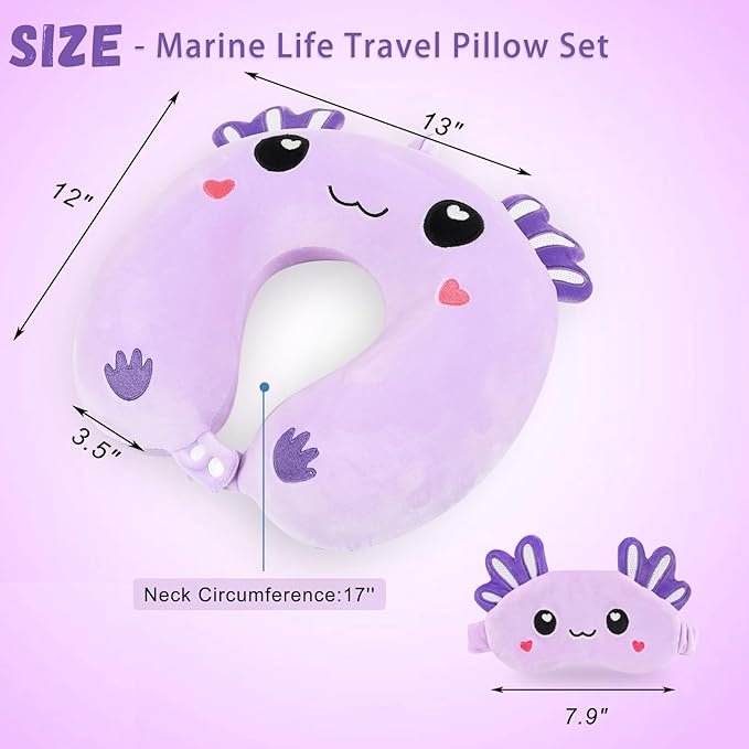 Travel Pillow, Kids Travel Pillow with Sleep Eye Mask Soft Memory Foam Kids Neck Pillow for Boys & Girls, Travel Accessories for Car Airplane Traveling - Purple Axolotl