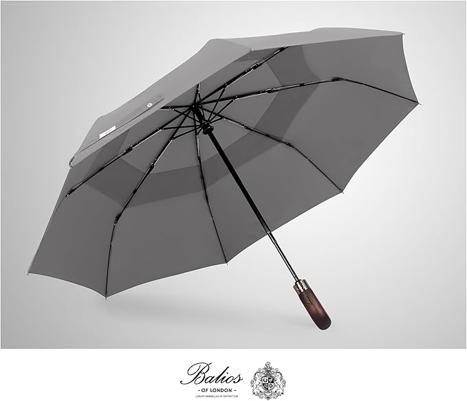 Balios Travel Folding Umbrella with Real Wood Handle Auto Open Close Vented Windproof Canopy - Designed in UK
