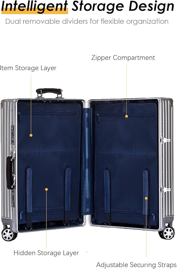 HotWay 20 Inch All Aluminum Carry On Luggage with Leather Handle, Hard Shell Zipperless Suitcase with TSA Locks and Spinner Wheels, Blue Travel Luggage (22x14x9 Airline Approved)