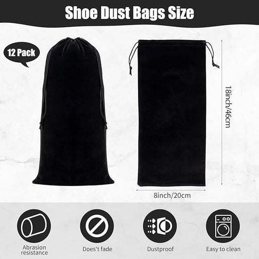 12 Pcs Shoe Bags for Travel Shoe Dust Bags Black Duster Flannel Pouch Washable Covers with Drawstring Breathable for Home Luggage, 8 x 18 Inch
