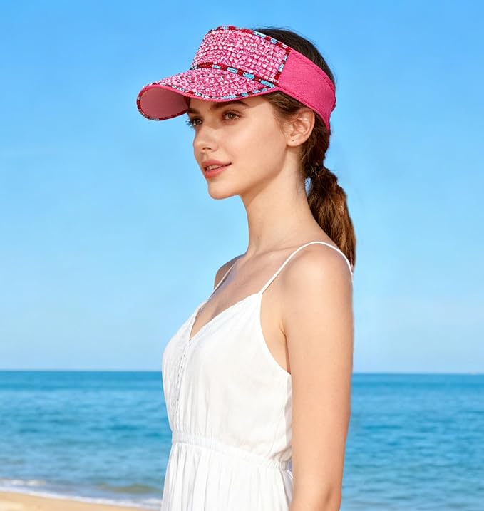 Bling Shiny Rhinestone Sports Sun Visor Hat for Women Summer Adjustable Breathable Beach Visor Caps Running Golf Sun Hat