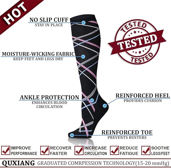 QUXIANG Copper Compression Socks for Women & Men Circulation (8 Pairs) - Best for Running Athletic Cycling - 15-20 mmHg