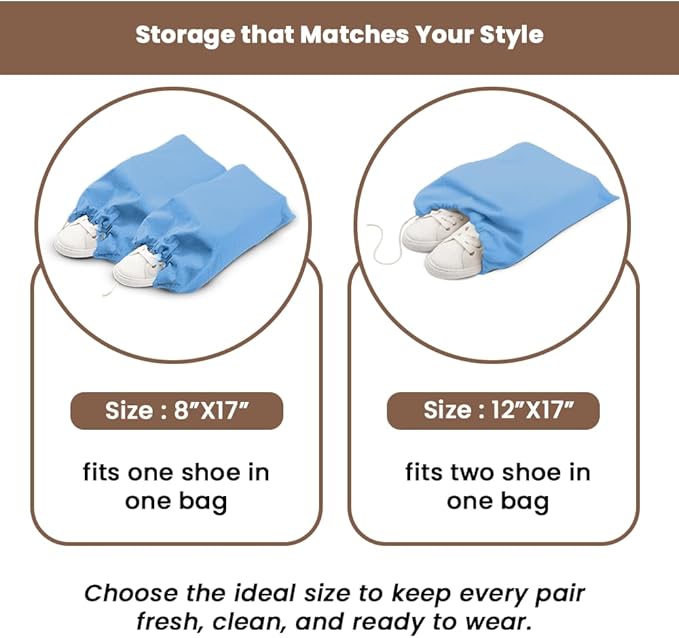 LFH Cotton Rich Shoe Storage Bags with Drawstring, Dustproof Breathable Reusable Organizer, Perfect For Travel, Dorm, Hotel, College, Gym, Easy to Carry, Machine Washable 8"x17" (Pack of 6) - Sky Blue