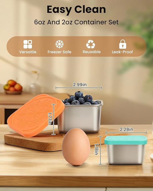JUJOJB 12Pack Stainless Steel Snack Containers with Lids, Small 6oz & 2oz Leak Proof Metal Food Storage Containers, Bento Box Meal prep Containers, Easy Open Stackable Lunch Box for Adults LIttle One