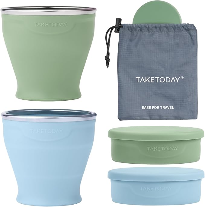 TakeToday 2PCS Collapsible Travel Cup - Silicone Foldable Water Cup, BPA-Free with Lid & Waterproof Bag - Drinking Cup Set for Camping, Outdoors & International Travel（8 Oz, Blue& Green）
