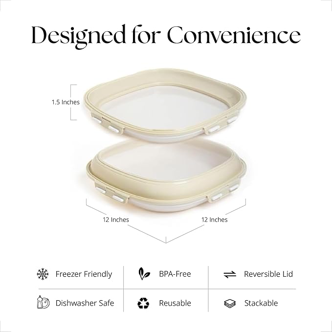 Crudités | Portable Snack Tray | Square 4-Pack | Cream White | Reversible Stretch Lid Food Containers | BPA-Free, Freezer & Dishwasher Safe | Meal-Prep, Charcuterie, Salads, Picnic, Travel