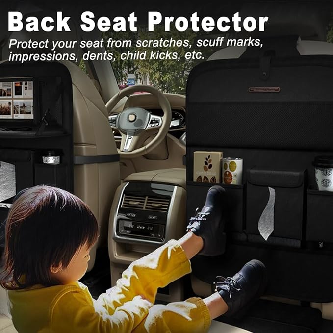 Car Seat Organizers,Multi-functional Back Seat Protectors, Storage Pouches, and Tray Holders (for Cars, Kids, Seat Back and Rear Seats) (Plain Black, 2 Pcs)
