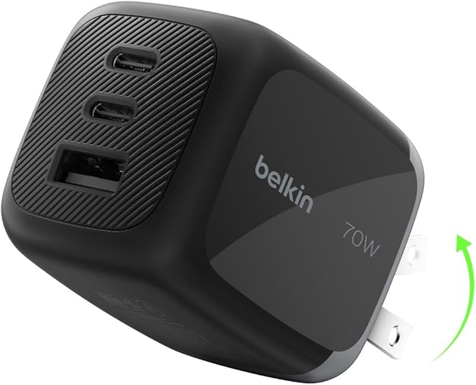 Belkin 3-Port USB C Charger Block 70W, Multi-Port GaN Wall Charger w/ 2X USB C Ports & 1x USB A Port, Fast Charging for MacBook, iPhone 17, iPad Pro, Samsung Galaxy S25, Google Pixel 10, & More