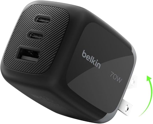 Belkin 3-Port USB C Charger Block 70W, Multi-Port GaN Wall Charger w/ 2X USB C Ports & 1x USB A Port, Fast Charging for MacBook, iPhone 17, iPad Pro, Samsung Galaxy S25, Google Pixel 10, & More