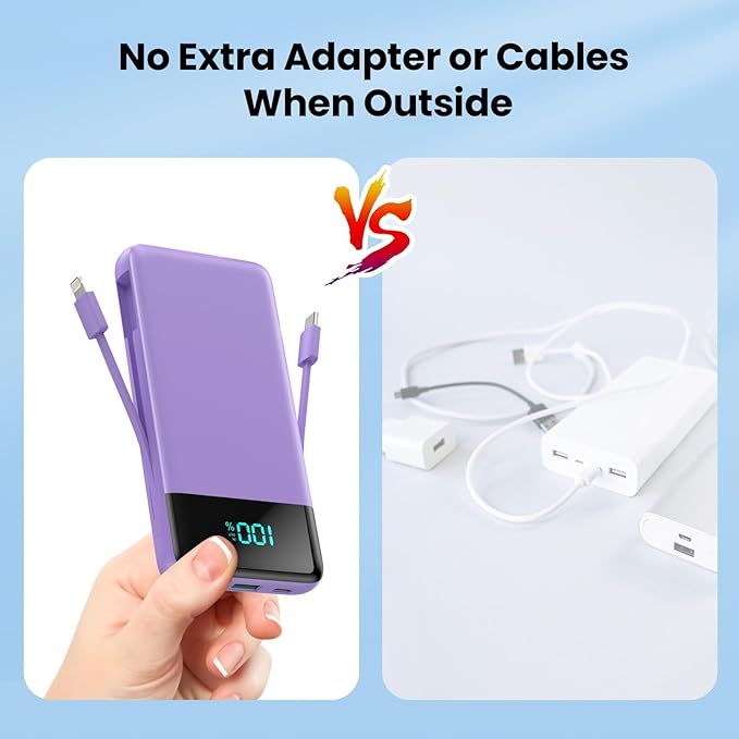 Portable Charger for iPhone,13800mAh Slim Power Bank with Built-in Cables & AC Wall Plug,All in One 4 Outputs USB C Fast Charging Battery Pack Travel Essential for iPhone 17/16/15/14,Android (Purple)
