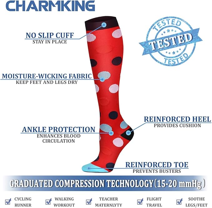CHARMKING Compression Socks for Women & Men Circulation (8 Pairs) 15-20 mmHg is Best Support for Athletic Running,Cycling
