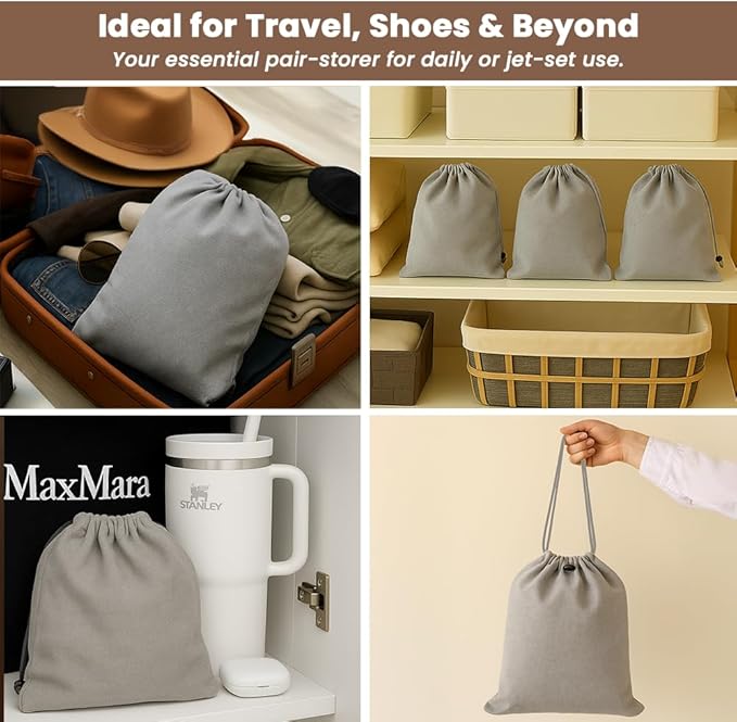 LFH Cotton Rich Shoe Storage Bags with Drawstring, Dustproof Breathable Reusable Organizer, Perfect For Travel, Dorm, Hotel, College, Gym, Easy to Carry, Machine Washable 12"x17" (Pack of 4) - Grey