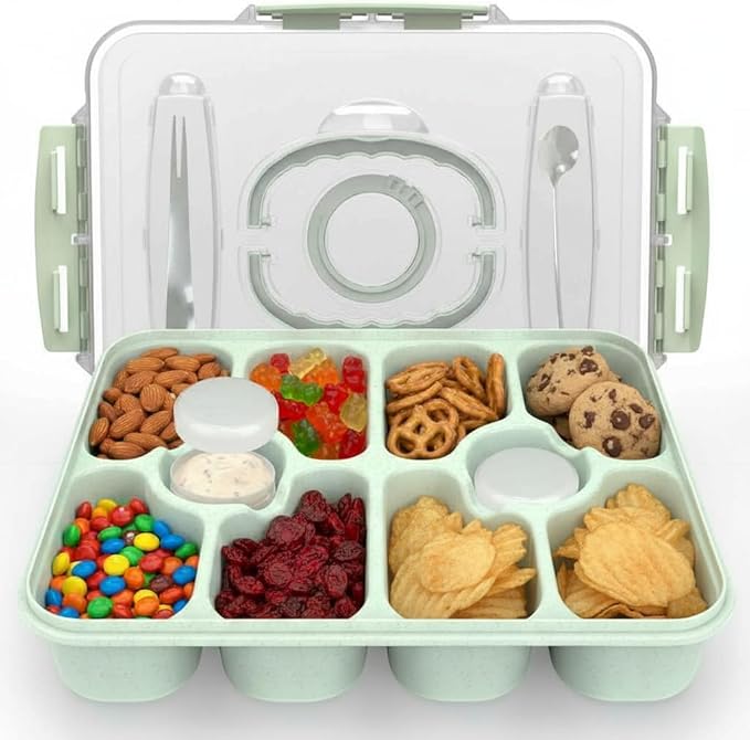 Dishwasher Safe Snackle Box Container, Snack Divided Serving Tray with Lid, Portable Snack Organizer with Date Marker, 2 Dressing Containers, Fork and Spoon, Green